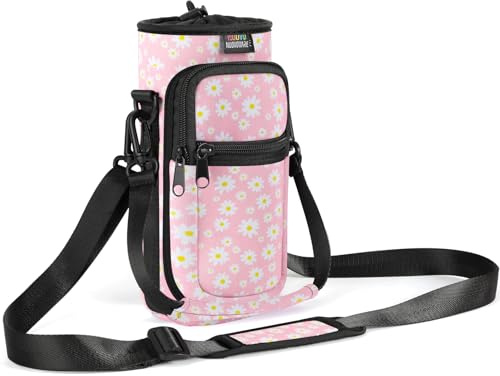 Nuovoware Bolsa Porta Botella de Agua, Porta Botella 750ml, Correa Mano Ajustable para Hombro, 2 Bolsillos, Funda Neopreno, Accesorios Deportivos para Senderismo, Viajes, Margarita Rosa