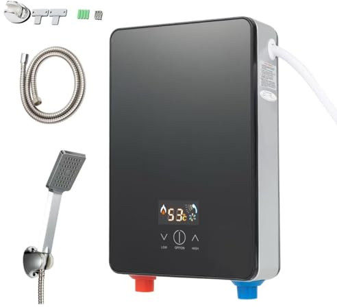 Mqwdxzfes 6500W Elektrischer Durchlauferhitzer, 220V Wandmontierter Wassererhitzer mit Duschkopf & Digital Display Thermostat, Mini Warmwasserbereiter Dusche für Badezimmer Küche, IPX4 Wasserdicht