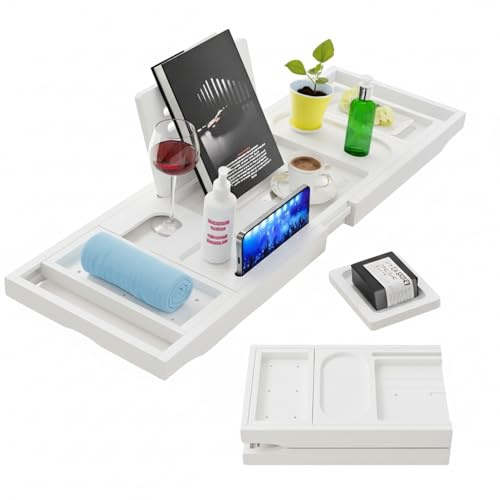 HAVNOR Bamboo Bathtub Caddy Tray Expandable & Foldable Bath Shelf with Book, Tablet & Wine Holder Adjustable Wooden Bath Tray for Relaxing Spa at Home – Fits Most Tub Sizes.