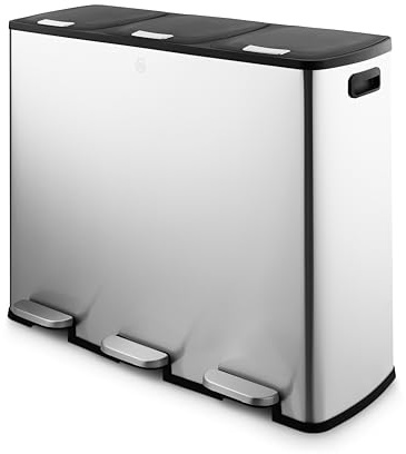 Swan 90L Recycling Bin with 3 x 30L Compartments, Soft Close Lids, Foot Pedal System, Removable Inner Buckets, Stainless Steel with Fingerprint Proof Finish