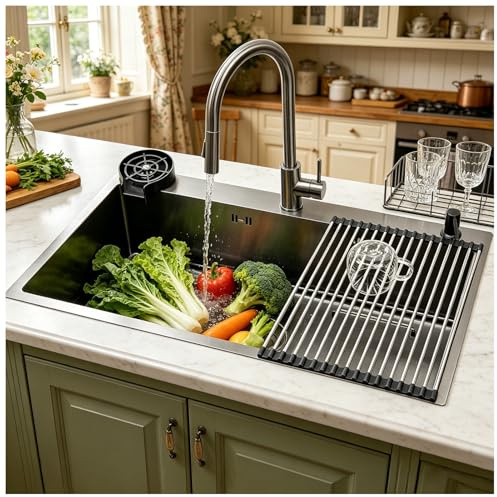 ASKLFNEI Fregadero de acero inoxidable negro, 80 x 50 cm, gran formato, con escurridor, para cocina y bar, montaje en armario superior/bajo encimera, fregadero de cocina robusto, fregadero de cocina