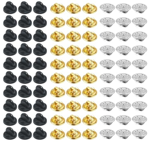 SYEYCW 120 Stück Anstecker Verschluss, 40 Stück Schwarz Schmetterlingsverschluss aus Gummi, 80 Stück Gold Silber Pin Verschlüsse aus Metall, für Basteln DIY Schmuckherstellung, Hüten, Abzeichen