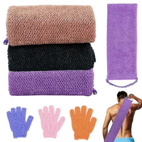 Lot de 3 éponges africaines en maille avec 3 gants de bain, éponge en nylon africain, éponge exfoliante avec corde à main, pour la douche, 29,5 pouces, réutilisable, pour homme et femme