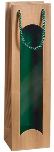 [BOXXCO] 20 Stück 1er Geschenktüten Natura/Grün mit Sichtfenster für 0,75-1l Flaschen – 100x80x360 mm Weinverpackung Offene Welle Natur