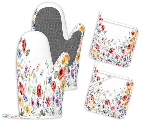 rutschfeste Ofenhandschuhe und Topflappen 4er Set Farbenfrohe Blumenmuster Topfhandschuhe Backhandschuhe Silikon Hitzebeständig Küchenhandschuhe zum Grillen Kochen und Backen
