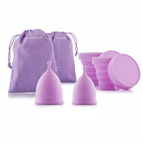 InnovaGoods - Confezione da 2 coppette mestruali, taglia S e L, in silicone medico, ipoallergeniche, ergonomiche, utilizzabili fino a 12 ore, riutilizzabili, lavabili, pieghevoli, sterilizzatori con