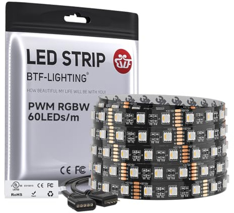 BTF-LIGHTING 5050 RGBW RGB+Warm White(2700K-3000K) 4 Colors in 1 LED Tape Light DC12V 5m 16.4ft 60LED/m Multi-Colored IP30 Black 12mm PCB for Bedroom Kitchen Home Decoration(No Adapter or Controller)