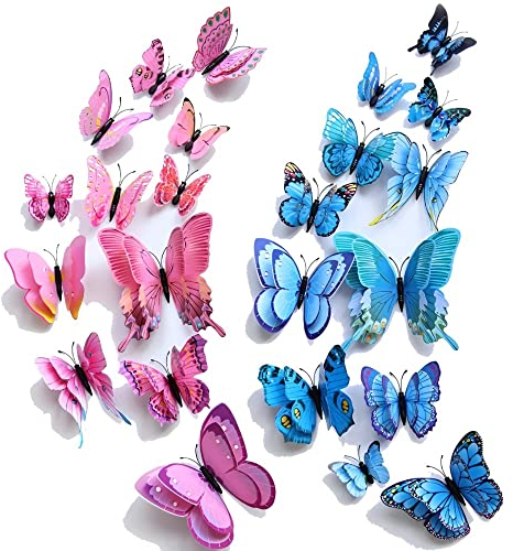 WandSticker4U®- [24 pezzi] FARFALLE 3D decorative rosa/blu con DOPPIA ALA e MAGNETEI I Decorazioni farfalle per tavolo compleanno torte mobili frigorifero regalo I Adesivi farfalle 3D pareti grandi
