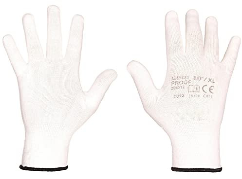 3Kamido Guantes de trabajo de punto de poliéster Proof - guantes de montaje, cómodos, para reparaciones, almacén, uso doméstico, trabajos de acabado, taller, montaje, artesanía, blancos (6, 12 pares)