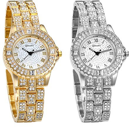 JewelryWe Women Watches Gold Tone Alloy Quartz Watch Stylish Rhinestone Bling Dress Watch Wristwatches