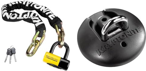Kryptonite 142585 Kettenschloss Fahgettaboudit 3'3 (100 cm), 3500135, Schwarz & Schlosshalterung Boden/Wand Anker, Schwarz, one Size