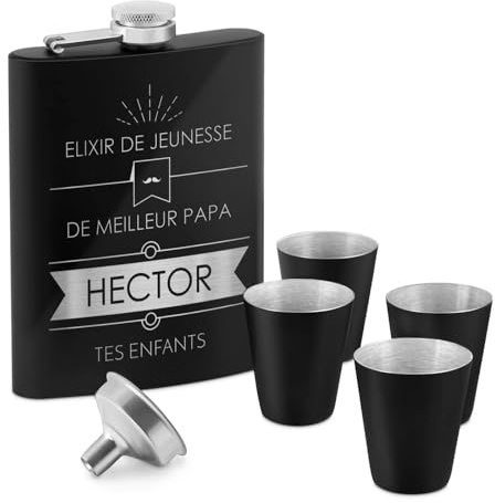 Maverton Flasque en Acier Inoxydable pour lui | Portable Flasque avec gravure, Set avec 4 verres à shot en acier, Pour hommes, Flacon personnalisé pour anniversaire, Elixir