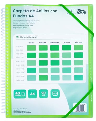 Raylu Paper® – Carpeta clasificadora con anillas con fundas transparentes A4 de 90 micras y sobre con cierre, tapa personalizable. Carpeta de fundas 100% biodegradable (40 Fundas, Verde)
