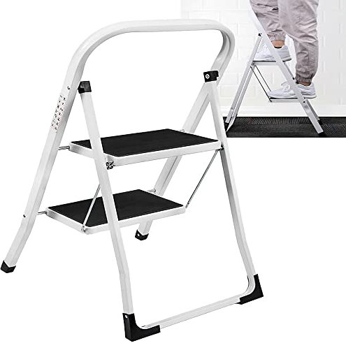 Trittleiter 2 Stufen,Stufenleiter, Zusammenklappbar mit rutschfeste Gummimatte, Stahl Klapptrittleiter mit Handlauf, für Haushalt Büro Lagerregal Malen, rutschfeste Haushaltsleiter,bis 150 kg