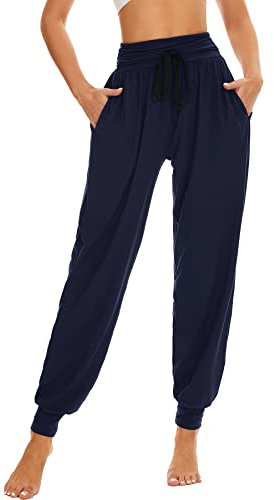 HAPYWER Pantalon Sarouel Long pour Femme - pour Le Sport - Pantalon de Yoga - Doux et Confortable - Taille Haute et Poches(Bleu Marine,M)