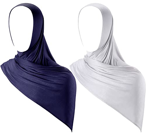 2 Stück Instant Hijab Jersey Hijab für Frauen Muslimischer Kopftuch Leicht Lang Weich Hijab Schal Stretch Einfarbig Schal Wrap, Marineblau, Grau
