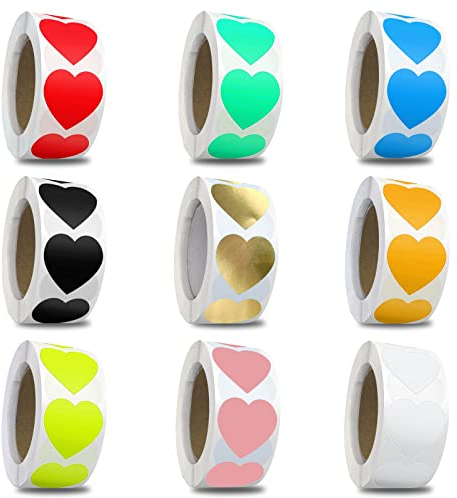 Herz Aufkleber Rolle 9 Farben Herzaufkleber Herzform Etiketten Selbstklebend 4500 Stücke Sticker 2,5cm für Umschläge Scrapbooking Geschenkaufkleber DIY Handwerk