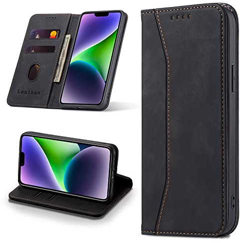 Leaisan Handyhülle für iPhone 14 Hülle Premium Leder Flip Klappbare Stoßfeste Magnetische [Standfunktion] [Kartenfächern] Schutzhülle für iPhone 14 5G (6,1 Zoll) Tasche - Schwarz
