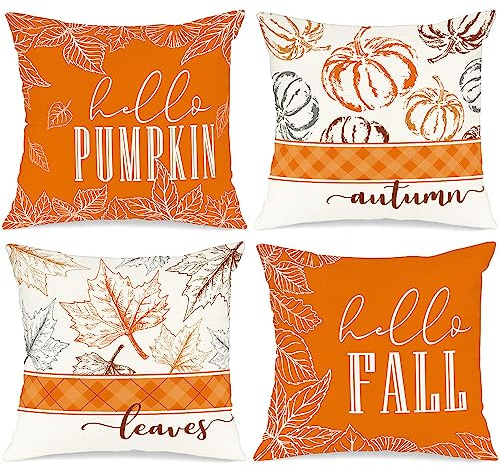 Benjia 45x45 Autumn Cushion Covers Set of 4, Hello Pumpkin Decorative Holiday 18x18 Inch Fall Throw Pillow Covers Thanksgiving Pillow Case for Indoor Home Bedroom Couch Sofa Decor Orange 45x45cm