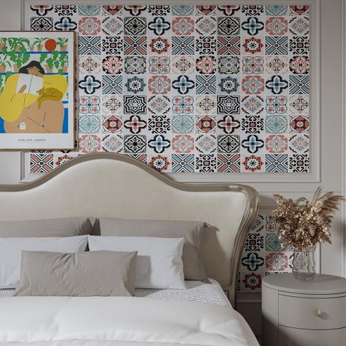 JSEVEM 16×118 Thick Bohemian Pattern Wallpaper Peel and Stick Blue Pink Black Grey Matte Mexican Moroccan Contact Paper Vinyl Wrap Colorful Wall Tile Sticker for Kitchen Island Countertops Walls