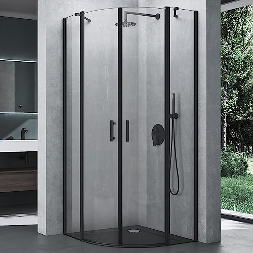 Mai & Mai Duschkabine Viertelkreis mit 2 Drehtüren 80x80cm | Duschabtrennung Dusche 6mm ESG-Sicherheitsglas Nano-Beschichtung Ravenna52K Schwarz