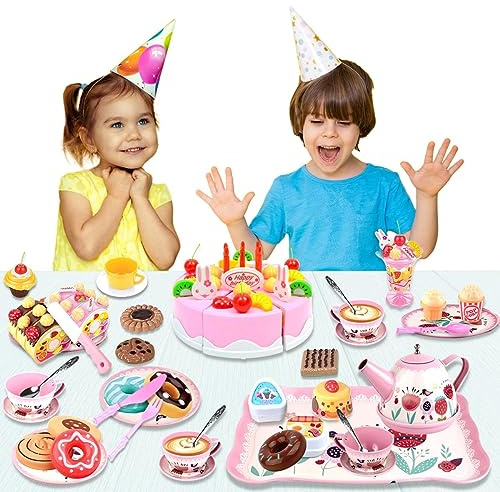 Koolbitz Kids Tea Set & Musical Cake Cutting Tea Set Pretend Play Playset for Children Floral Design Tea Party Set Role Play Tea Pot Cups Saucers for Boy Girl Toddler