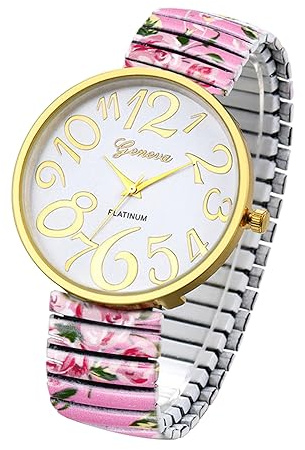 JewelryWe Uhren Damen Elastisch Metallarmband - Einfache Analog Quarz Armbanduhr Frauen Legierung Stretch-Armband Uhr mit ultraklaren großen Arabischen Zahlen Zifferblatt