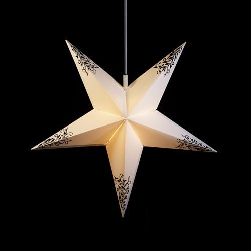 Sterntaler Dekostern | Weihnachtsstern mit Weiß/Schwarz Ornamenten | Faltstern | Kunststoff | 5-Zacker | Weiß/Schwarz | 60cm | Außen | Glühbirne | Netzstecker