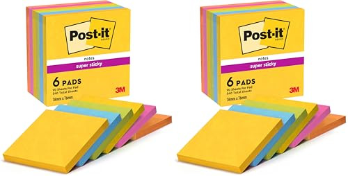 Post-it Super Sticky Notes Carnival Collection, Packung mit 6 Blöcken, 90 Blatt pro Block, 76 x 76 mm, Gelb, Blau, Grün, Pink - Extra-stark klebende Notizzettel für To-Do-Listen und Erinnerungen