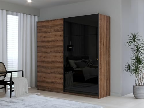 FORTE JAWA Schrank 220, Kleiderschrank, Schwebetürenschrank Industrial Schlafzimmer 2-türig Einlegeböden Kleiderstange, Dunkel Holzdekor: Schlameiche, 220 cm breit x 210 cm hoch x 61 cm tief