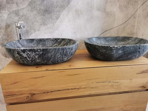 1 Paar Waschbecken aus schwarzem Marmor, Größe 60 x 40 x 15 cm, echte Fotos von Waschbecken, ovale Waschbecken aus Marmor, dunkle Waschbecken, Aufsatzwaschbecken