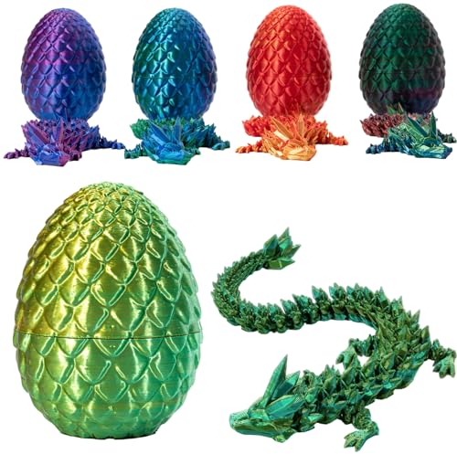 3D Gedrucktes Drachenei mit Drache, Voll Beweglicher Drache mit Dracheneiern, Kristall Drache im Ei Drachen Figuren, Geheimnisvolles Drachenei Spielzeug für Häuser Büro, Easter (Laser Gelb Grün)