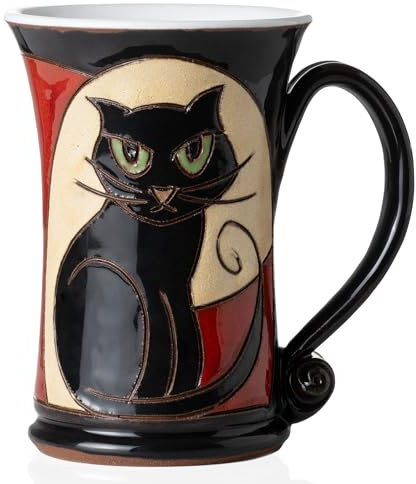 Felisteya Handgetöpferte Katzentasse – 320ml Keramik-Kaffeetasse & Teetasse | Handgemachter Kaffeebecher aus Steingut mit schwarzem Katzenmotiv, Geschenk für Katzenliebhaber – Tasse mit Katze, Modell 2