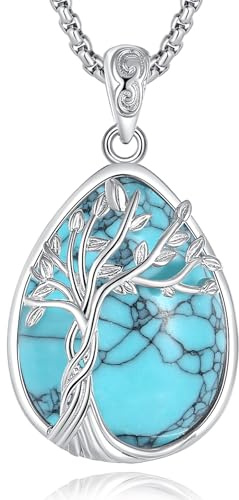 EUDORA Harmony Ball Collar Árbol de La Vida y Turquesa para Mujer Plata de Ley 925, Colgante Árbol de La Vida Turquesa Joyería Original Regalo para Mujer Mama Madre Esposa Abuela, 18+20
