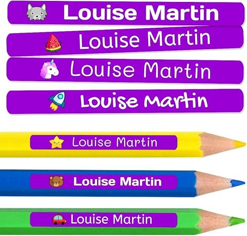 200 étiquettes adhésives personnalisées pour crayons, stylos et marqueurs. Autocollants scolaires avec nom pour marquer les objets. Stickers imperméables pour l'école. Mesure 4,6 x 0,6 cm