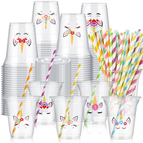 Boao 36 Sets Unicorn Party Cups with Lids and Paper Straws 14 oz Unicorn Birthday Party Supplies Favors Disposable Clear Plastic Cups Bulk
