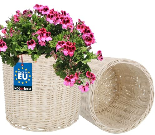 KOTARBAU® 2er Set Weidenkorb zum Bepflanzen Weiß Höhe 26 cm ⌀ 28 cm Übertopf Korb aus Weide Pflanzkorb geflochten Pflanzkörbe Outdoor Korbübertöpfe für Balkon Blumentopf geflochten