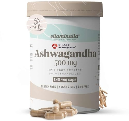 Vitaminalia Ashwagandha KSM-66® 500mg (5% Withanólidos) | 180 Cápsulas Vegetales | Extracto 100% Raíz Withania somnifera 12 Veces Más Concentrado | No-GMO, Vegano, Sin Gluten