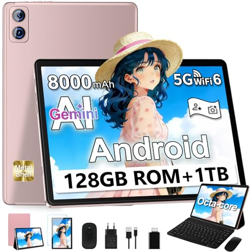 Tablet Android con 22GB RAM+128GB ROM/1TB TF, Gemini AI, 10 Pollici con Widevine L1, 8000mAh, Octa-Core, 8MP+5MP, FHD IPS, BT 5.0, 5G WiFi 6, Corpo in Metallo, Face ID, con Tastiera e Mouse, Oro