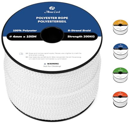 Abma Cord Corda in Poliestere Corda Intrecciata 4mm x 100m Corda Multiuso Bobina - Bianca