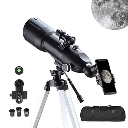 Teleskope für Erwachsene Astronomie, 80mm Astronomische Reiseteleskope mit Mondfilter, Aufrechtbild, 10-fach Refraktor, Stativ und Tragetasche mit Smartphone-Adapter, für Astronomie-Anfänger