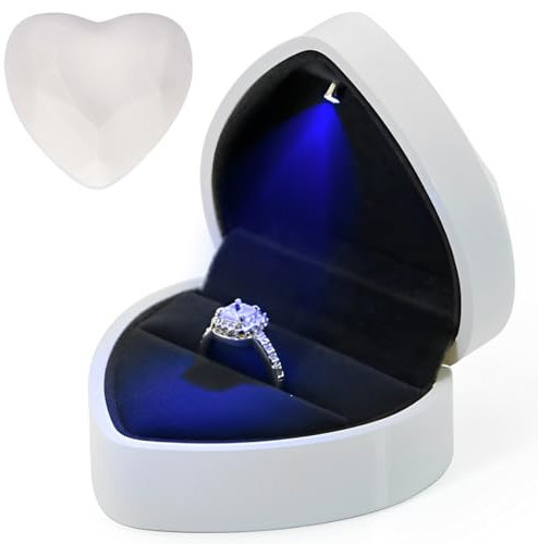 ZOMKIFA Boîte à Bague en Velours, Boîte de Bague avec Lumière LED, Ecrin Bague Forme de Coeur, Boîte à Bijoux Rangement, Coffret Cadeau à Bague pour Mariage Fianailles Cérémonie, 72x66x45MM (Blanc)