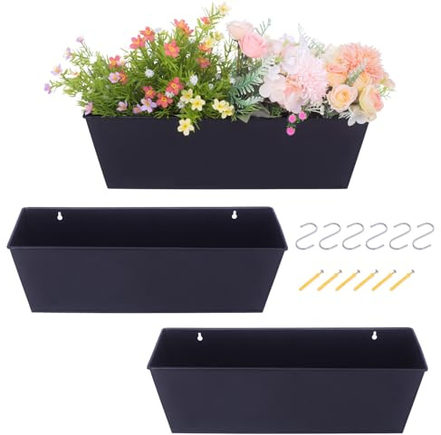 Holensun Wall Hanging Planters for Outdoor Plants 16 Inch Large Metal Fence Pots with Hooks for Outside Garden Balcony Plants 3PCS（Black）