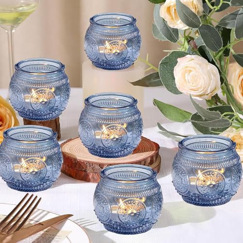 6 Pcs Bougies Votives Roses, Bougeoirs à Bougie en Verre pour Mariage, fête, décoration d'intérieur, Centre de Table (6, Bleu)