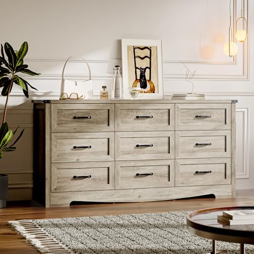 BORNOON 9-Drawer Dresser for Bedroom, Modern Wooden Chest of Drawers with Metal Handles, Anti-Tipping Design, Sturdy and Stable Storage Organizer for Living Room, Entryway, Home Office