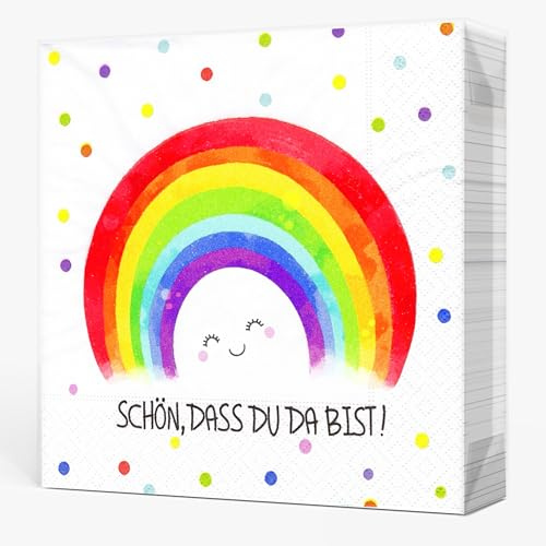 40 Servietten Regenbogen, Schön, dass du da bist, Servietten mit lächelndem Gesicht-Regenbogenmotiv, Taufe, Kinder Geburtstag, Mädchen Babyparty, Konfirmation, Tischdeko, 33x33cm