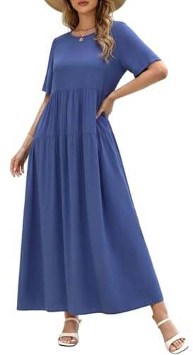 ZANZEA Dam Sommar Casual Maxiklänning A-linje Kortärmad Rund Hals Nivåerad Floffig Klänning Boho Strand Resa Blommönster Lång Klänning med Fickor, BLÅ, M