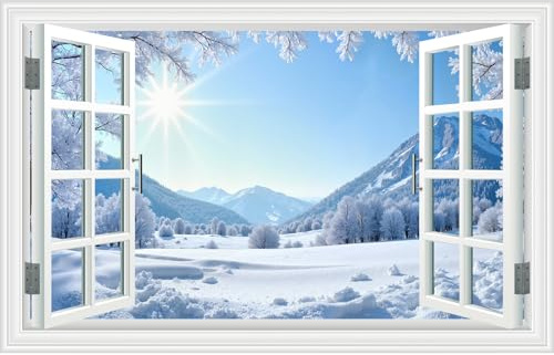 Fake Window Wall Decal - Winter Sunshine Snow Mountain Conifer Forest Snowfield Faux Window Wall Art Poster Mural for Office Room Wall Decor, Peel and Stick Wall Sticker 48x32,Set of 2 Sheets