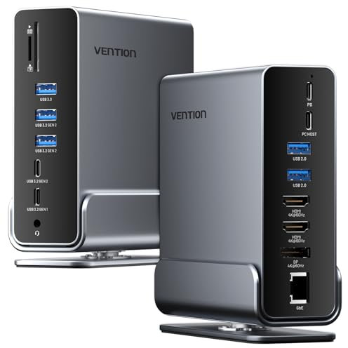 VENTION Docking Station, 15-in-1 Triple Display USB C Docking Station Dual Monitor, Laptop Dock for Windows PC, Thunderbolt 3/4, Dell, HP, with HDMI, DP, 10Gbps USB, RJ45, 100W PD, Audio, SD/TF