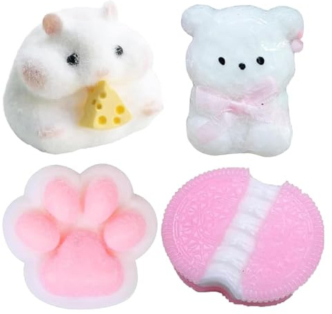 4er Set TabaSquishy, Fufu Squishy, Squishy Pfote, 1 weißer Hamster, 1 Katzenpfote
